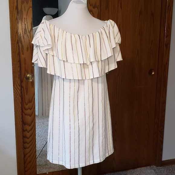 CHARLES HENRY Metallic Stripe Ivory Popover Dress Sz M NWT - Picture 2 of 15